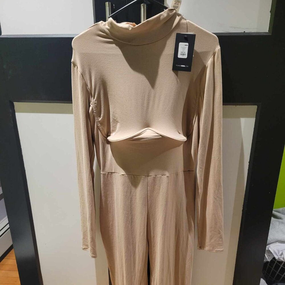 beige jumpsuit with built in bra